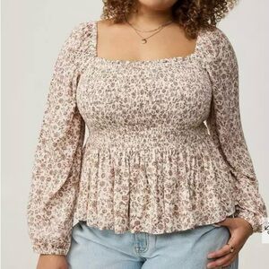 Torrid Floral Smocked Blouse - Cream and Pink